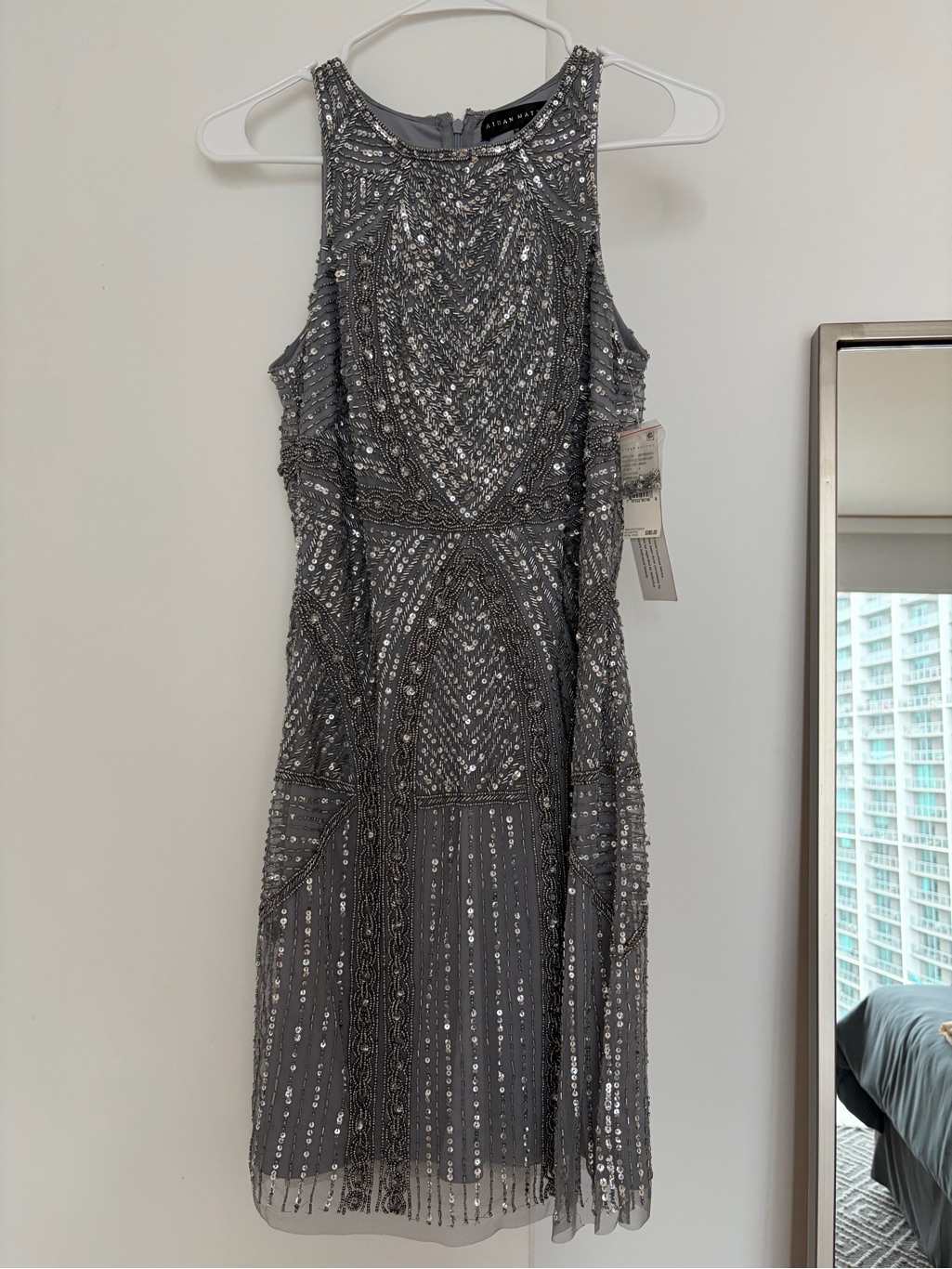 Aidan Mattox Gunmetal Beaded Halter Gown